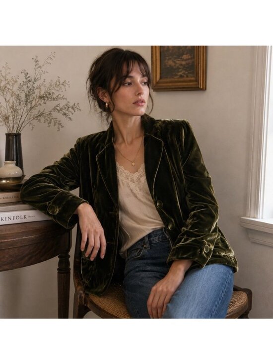 Allison Taylor Jackets & Blazers - Vintage Y2K Allison Taylor Moss Green Silk Velvet Blazer Jacket Goblincore Sz 8